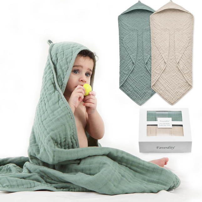 Hooded Baby Towels for Newborn, 35x35 Inch 2 Pack 100% Muslin Cotton