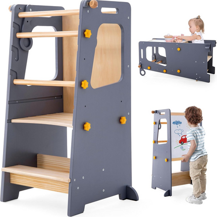 4in1 Toddler Step Stool with Adjustable-Height,Whiteboard and Safety Rail for Kitchen, Gray