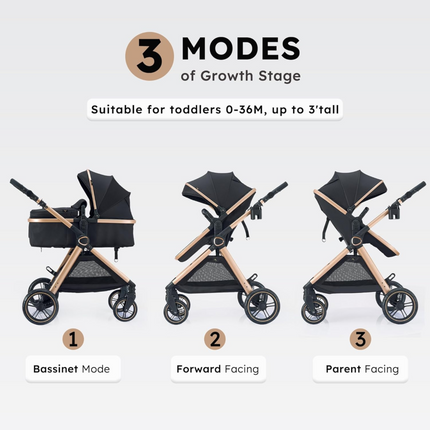 2 in 1 Baby Stroller, Convertible Bassinet Pushchair for 0-36 Months