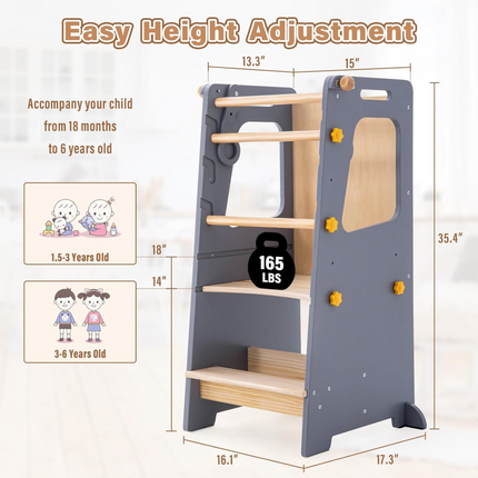 4in1 Toddler Step Stool with Adjustable-Height,Whiteboard and Safety Rail for Kitchen, Gray