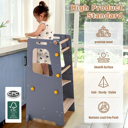 4in1 Toddler Step Stool with Adjustable-Height,Whiteboard and Safety Rail for Kitchen, Gray
