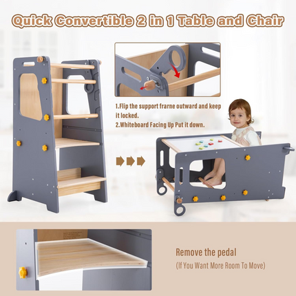 4in1 Toddler Step Stool with Adjustable-Height,Whiteboard and Safety Rail for Kitchen, Gray