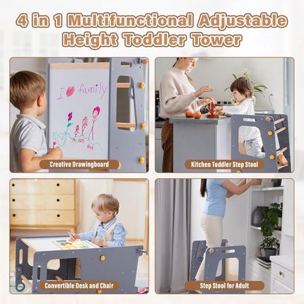 4in1 Toddler Step Stool with Adjustable-Height,Whiteboard and Safety Rail for Kitchen, Gray