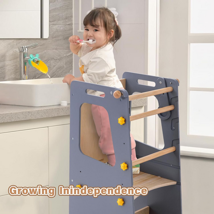 4in1 Toddler Step Stool with Adjustable-Height,Whiteboard and Safety Rail for Kitchen, Gray