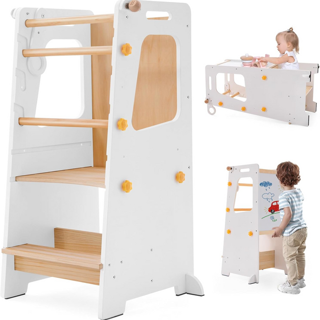 4in1 Toddler Step Stool with Adjustable-Height,Whiteboard and Safety Rail for Kitchen (White)
