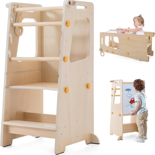 4 in 1 Toddler, Adjustable-Height Step Stool, Whiteboard and Safety Rail (Wood)